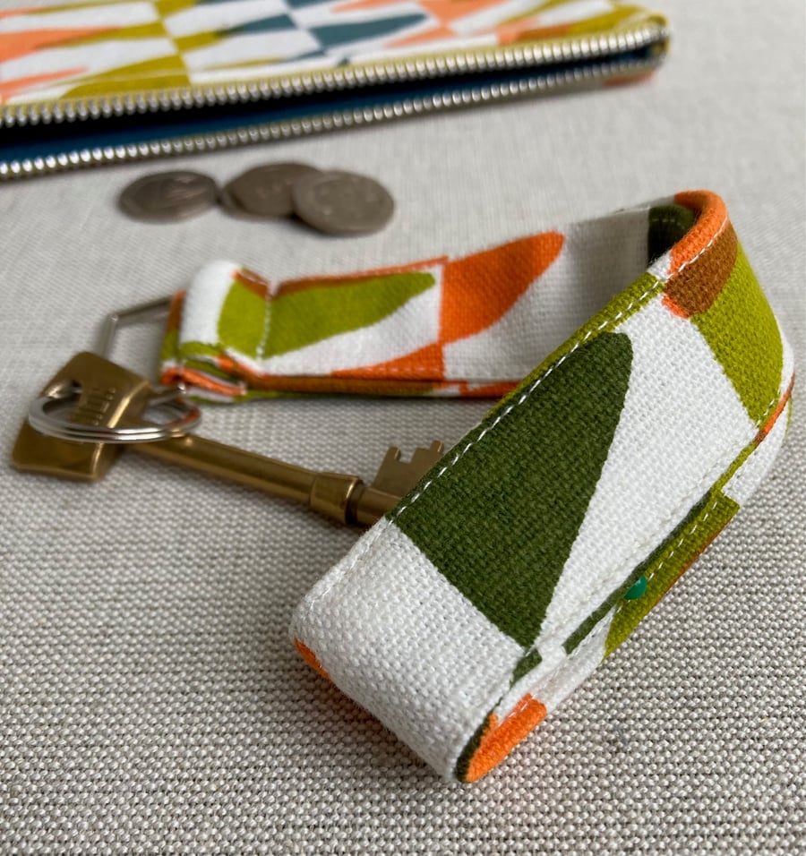 SECONDS SALE - Linen fabric Key ring - Key loop Green, orange