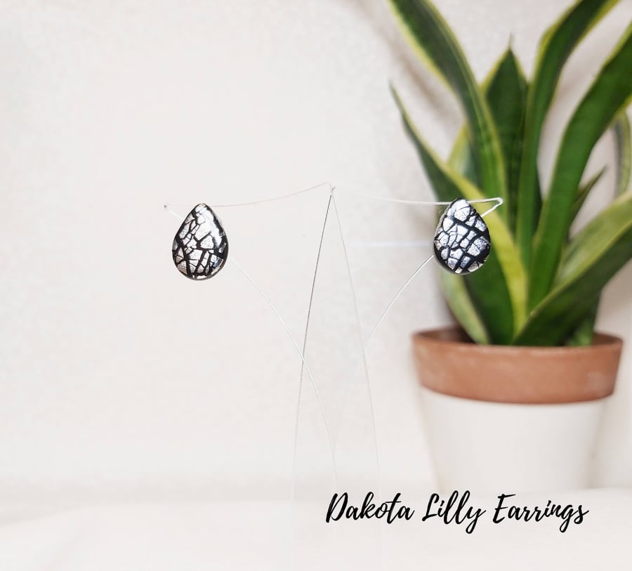 Black and silver, teardrop clay stud earrings