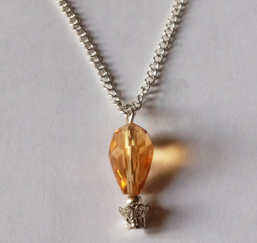 Amber Orange Crystal Hot Air Balloon Necklace Silver Plate 
