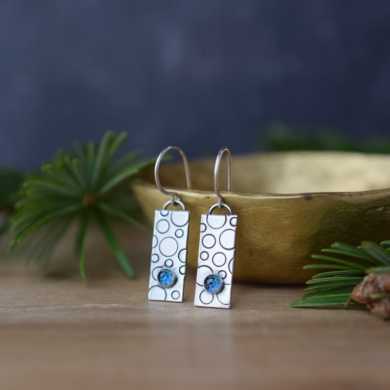 Textured Silver Dangle Earrings with Blue Topaz - Geometric Rectangle Jewellery