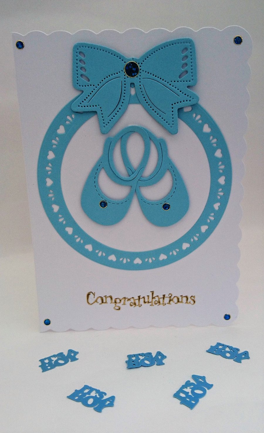 Newborn Baby Boy Card, Blue Shoes, Blue Bow,Circle Hearts FREE P&P to UK