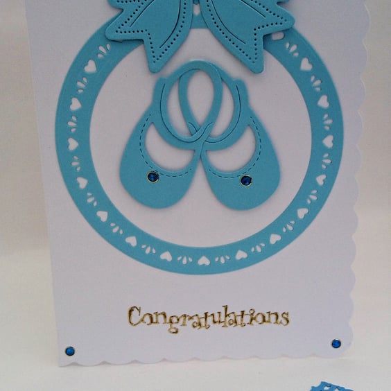 Newborn Baby Boy Card, Blue Shoes, Blue Bow,Circle Hearts FREE P&P to UK