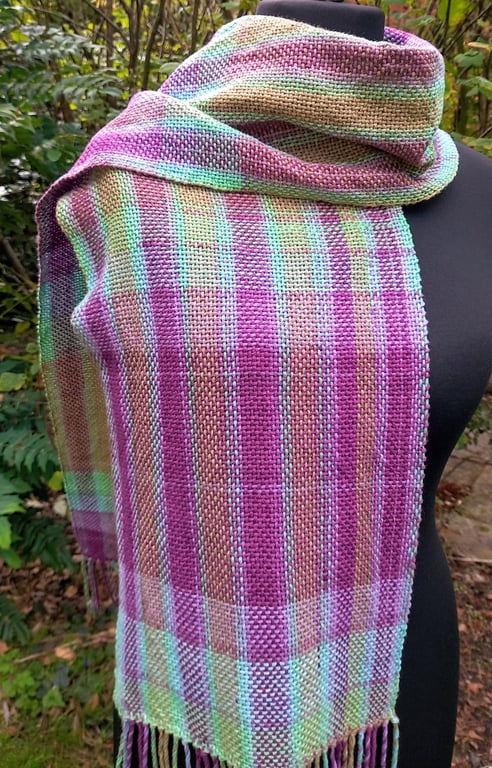 Handwoven Cotton Scarf in Lilac, Purple, Blue & Green