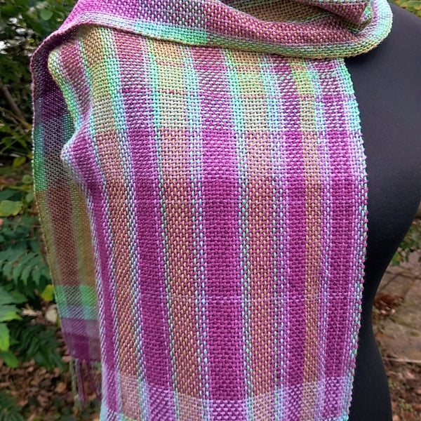 Handwoven Cotton Scarf in Lilac, Purple, Blue & Green