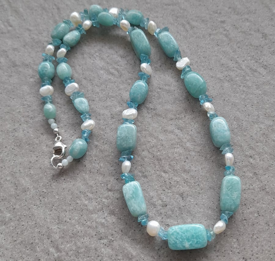 Amazonite Apatite Semi Precious Gemstone Pearl Necklace Sterling Silver