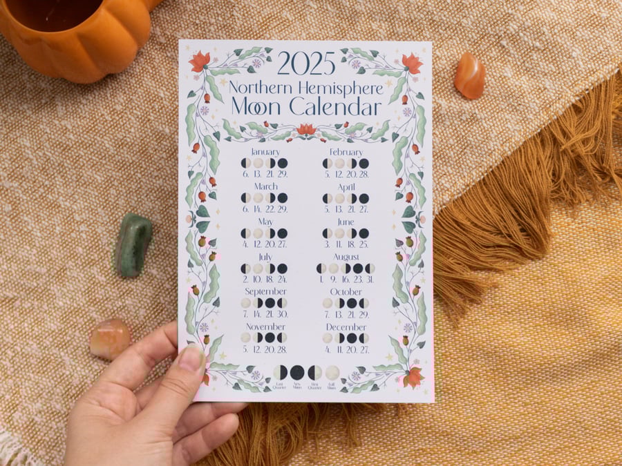 2025 Moon Calendar - Illustrated Lunar A5 Wall Art - Northern Hemisphere