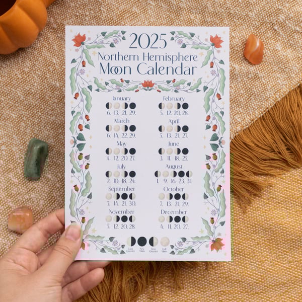 2025 Moon Calendar - Illustrated Lunar A5 Wall Art - Northern Hemisphere
