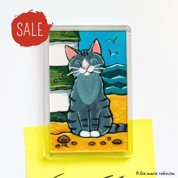 SALE - Happy Tabby Cat and Beach Hut Fridge Magnet 3 x 2 inch