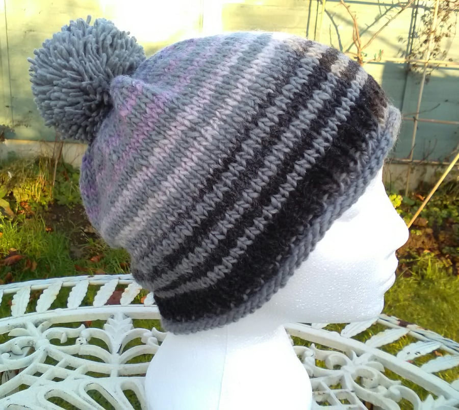 Handknit Noro Pom pom Bobble Hat 100% wool Black Lavender Grey Medium