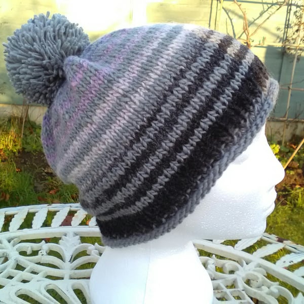 Handknit Noro Pom pom Bobble Hat 100% wool Black Lavender Grey Medium