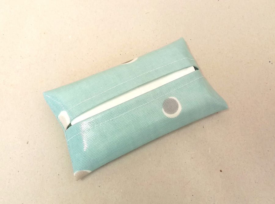 Tissue holder in turquoise with grey spots, tissues included, oilcloth pouch
