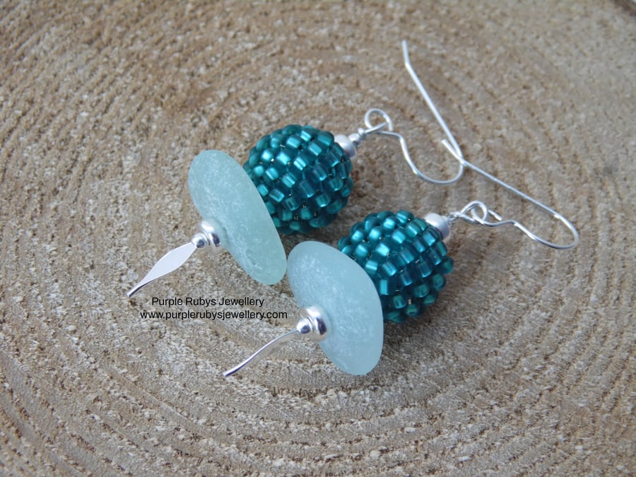 Seafoam Cornish Sea Glass & Teal Woven Beads Earrings, Sterling Silver E534