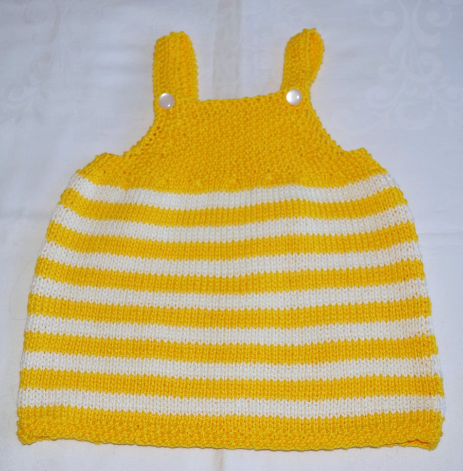 Hand Knitted Baby Summer Dress 100% mercerized Cotton Yellow Ivory 6 months