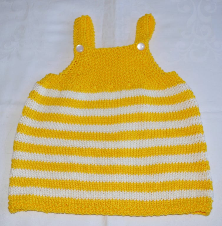 Hand Knitted Baby Summer Dress 100% mercerized Cotton Yellow Ivory 6 months