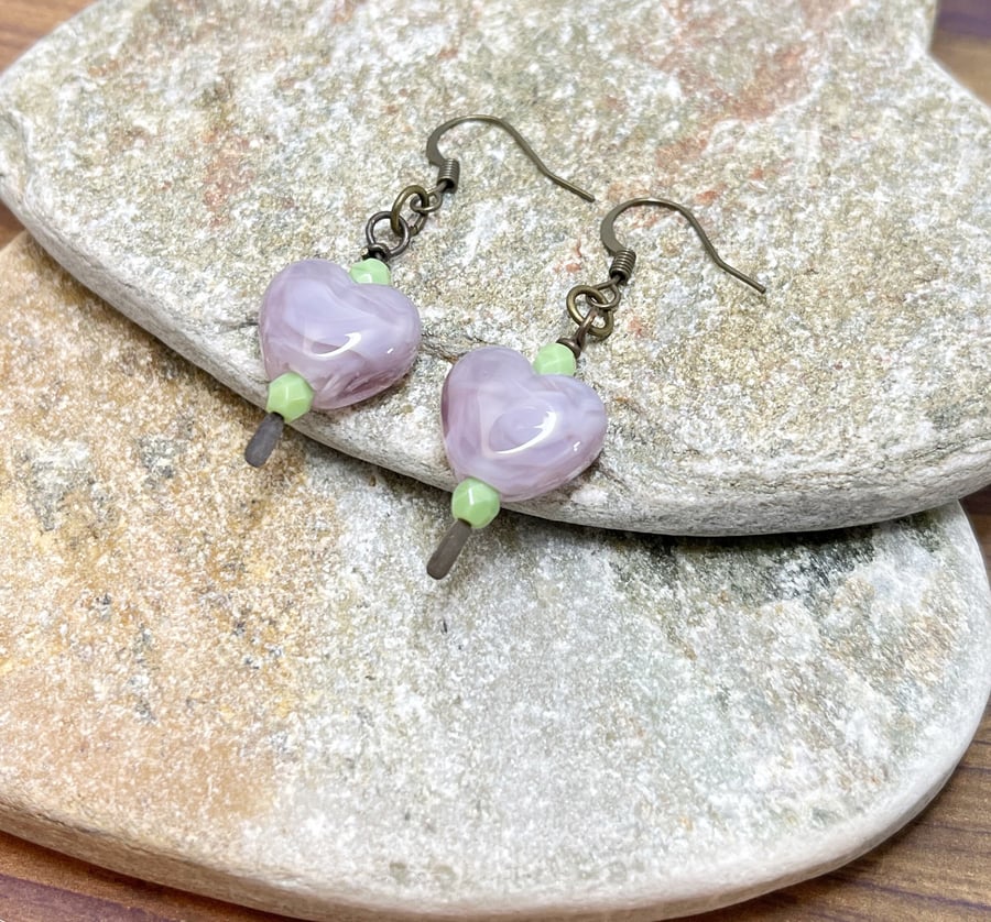 Chunky lilac and lime swirl heart earrings