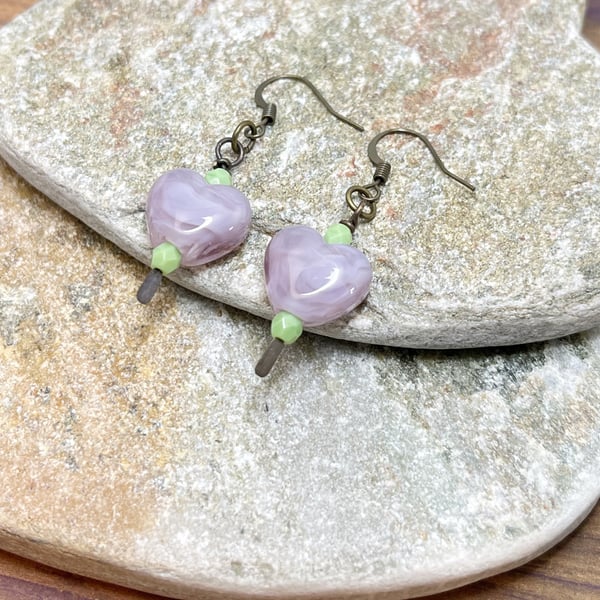 Chunky lilac and lime swirl heart earrings