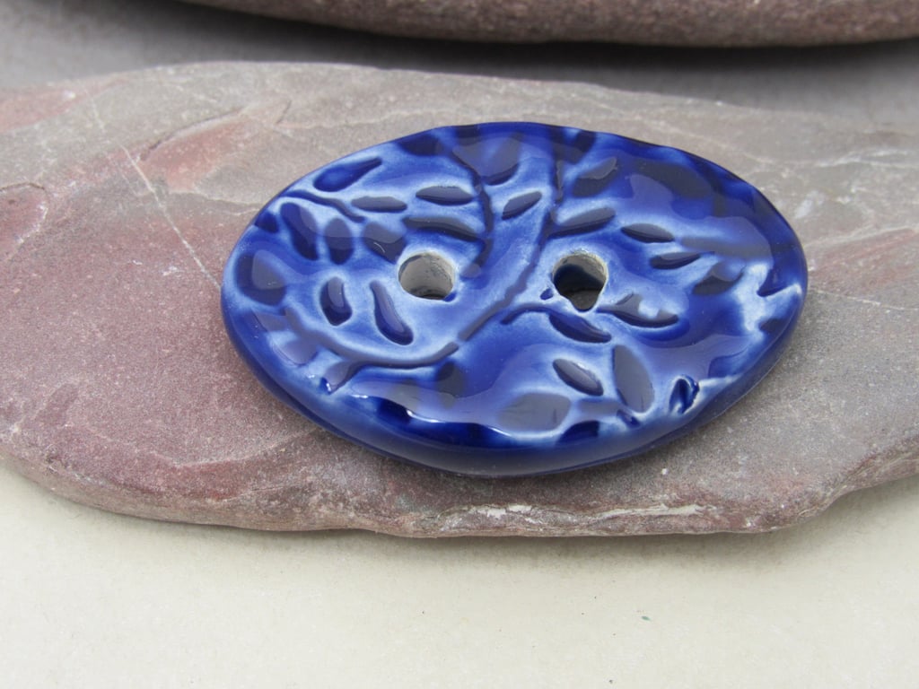 Large Cobalt Blue Sprig Oval Handmade Ceramic Button
