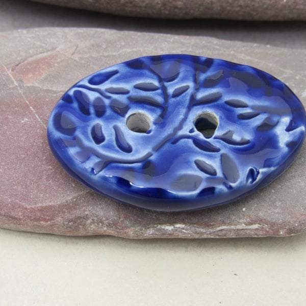 Large Cobalt Blue Sprig Oval Handmade Ceramic Button