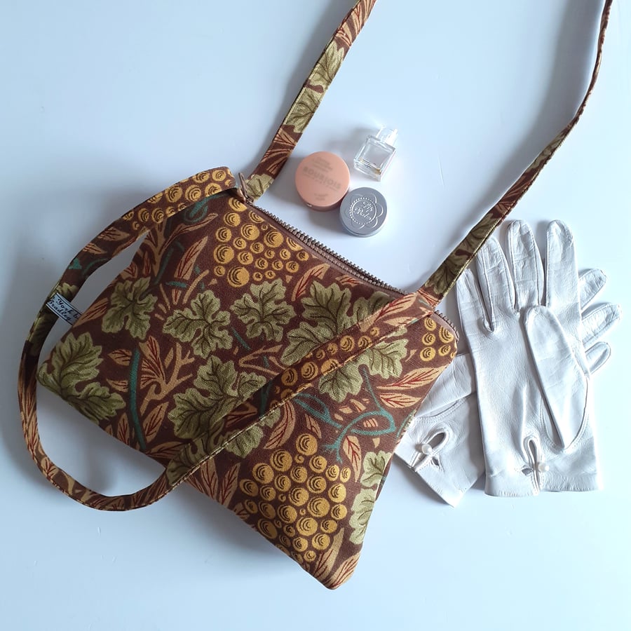Zip up shoulder bag upcycled in an autumnal vintage William Morris vine print