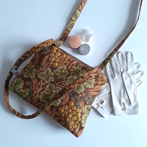Zip up shoulder bag upcycled in an autumnal vintage William Morris vine print