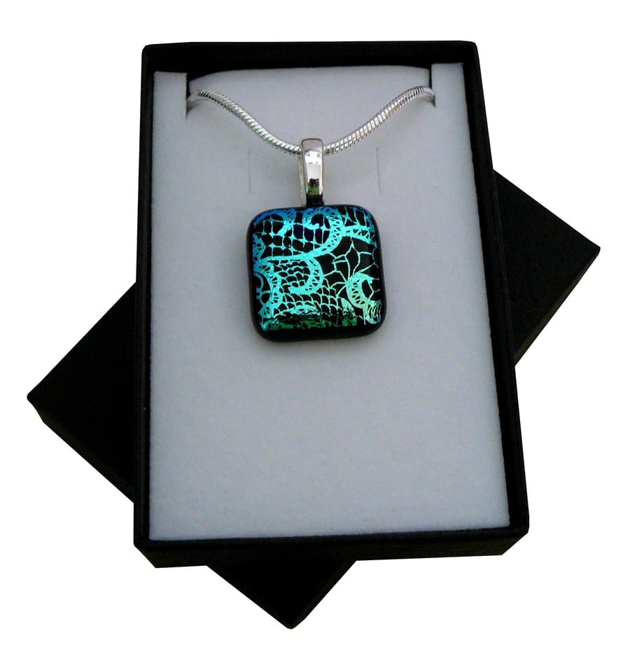 HANDMADE FUSED DICHROIC GLASS 'LACE' PENDANT.