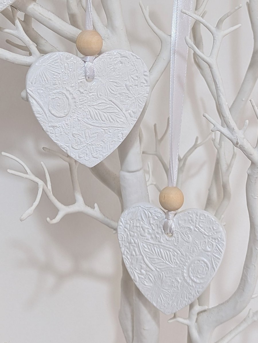Clay white heart decoration, pretty hanging ornament, wedding decorations 
