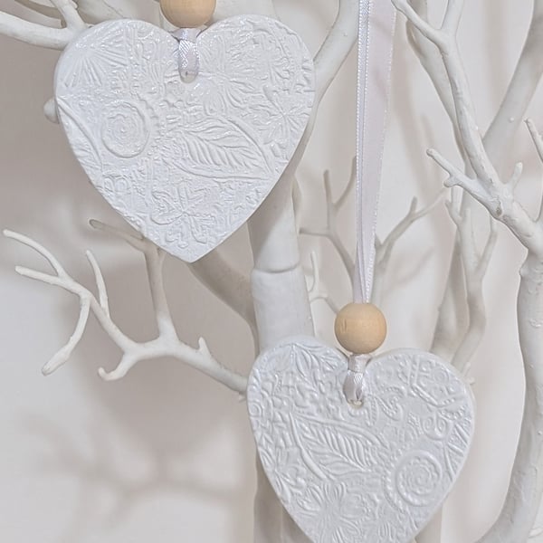 Clay white heart decoration, pretty hanging ornament, wedding decorations 