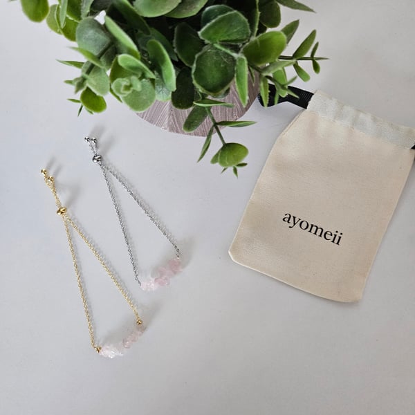 Natural rose quartz and 18ct gold or platinum plated slider bracelet