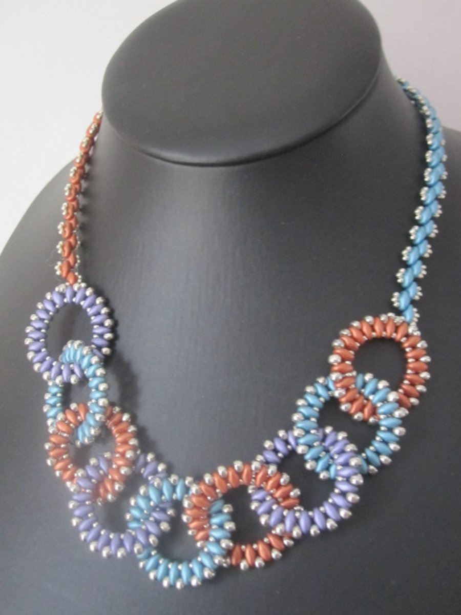 Purple, Bronze and Turquoise Hoop Beadwork Necklace