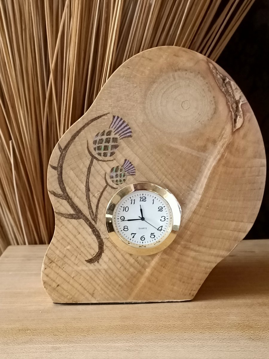  Rustic wooden clock pyrography clock scottish thistle shelf table clock