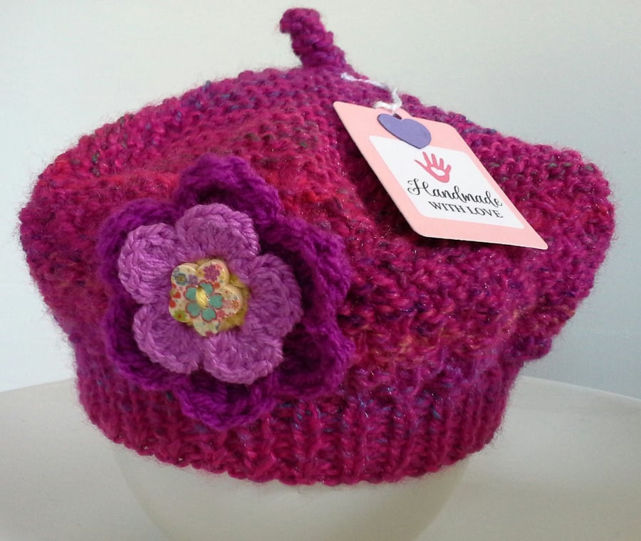 Hand Knitted Baby Girl's Aran Beret Flower Hat 9 -18 months size