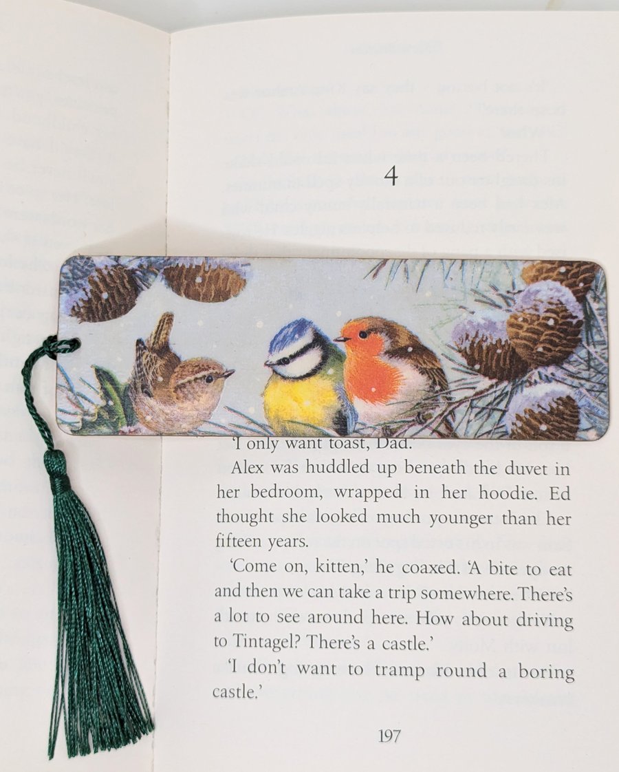 Bookmark, garden birds wooden Christmas stocking filler gift for a bird lover