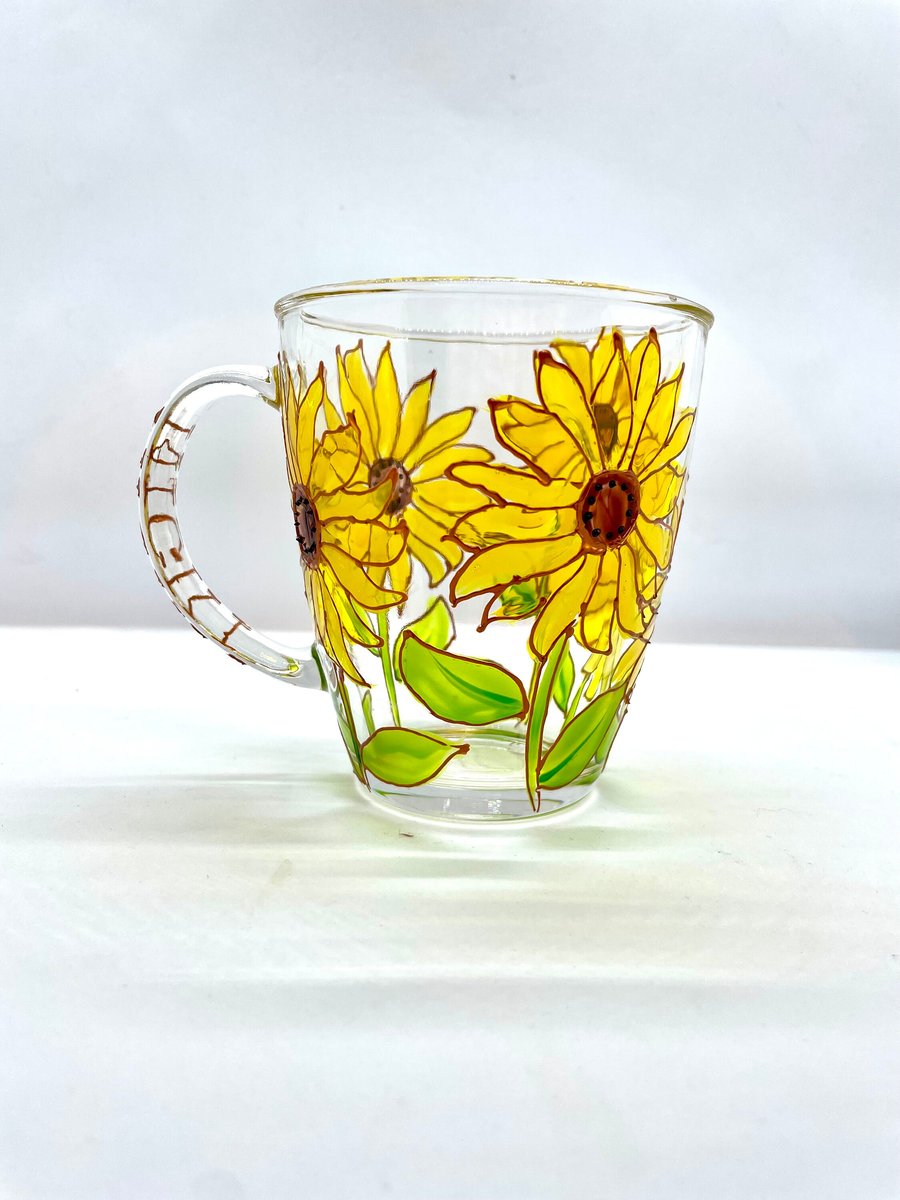 Hand Painted Glass Mug Sunflower Mug with Personalised Name on Teacup