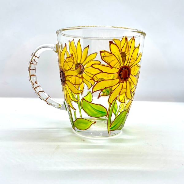 Hand Painted Glass Mug Sunflower Mug with Personalised Name on Teacup