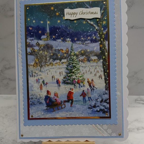 Handmade Christmas Card Village Scene Ice Skating Christmas Tree