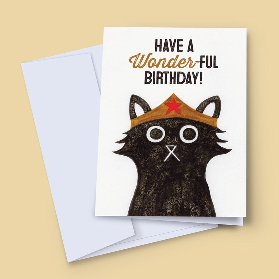 Superhero Cat Birthday Card, Wonder Woman, Birthday Card For Her