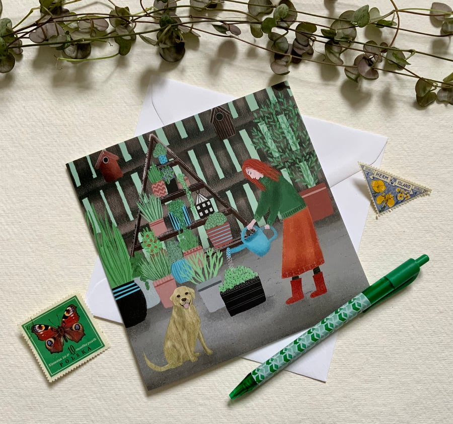 Watering the Garden, blank greetings card