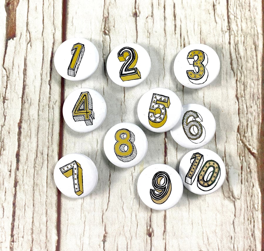 Birthday Button Number pin badges, small & large Fun Birthday's 1-10 