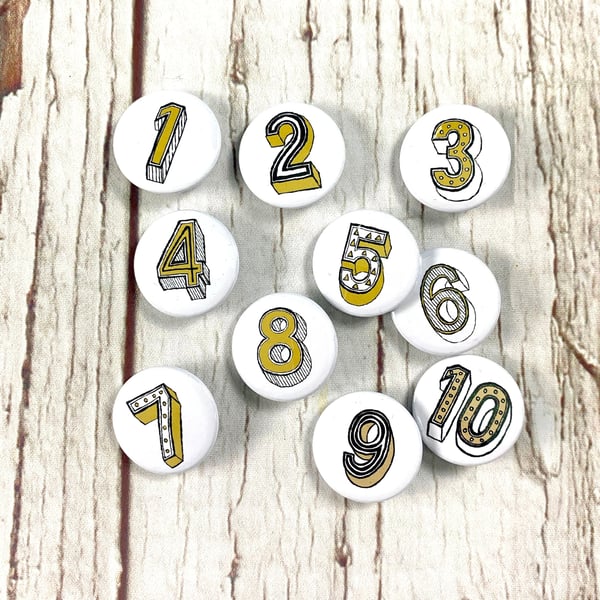 Birthday Button Number pin badges, small & large Fun Birthday's 1-10 
