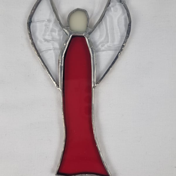 591 Stained Glass red medium thin angel - handmade hanging decoration.