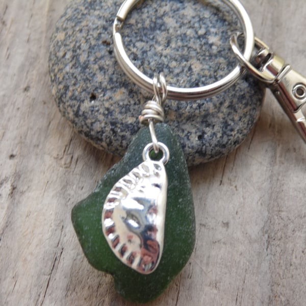 Bottle Green Cornish Sea Glass with Cornish Pasty Charm Bag Charm Keyring K566