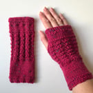 Fingerless Gloves Mittens Wrist Warmers in Deep Heather Pink Tweed Aran Wool