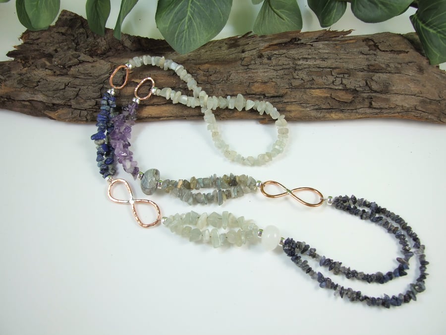 Long Mixed Gemstone Necklace with Copper Infinity Knot & Sterling Silver
