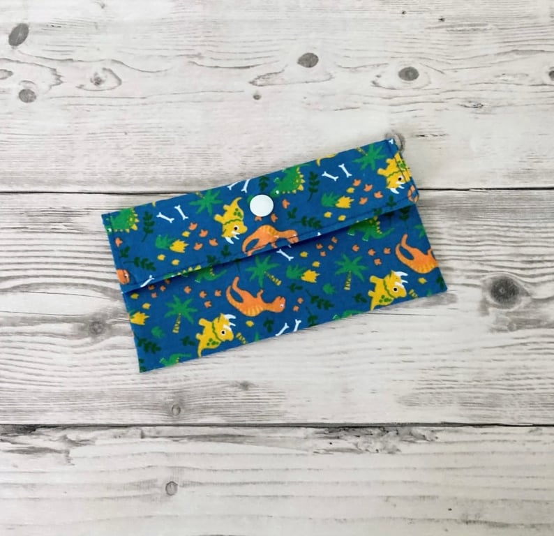 Blue Dinosaurs Fabric Money Wallet: Bank Note Gift Pouch.