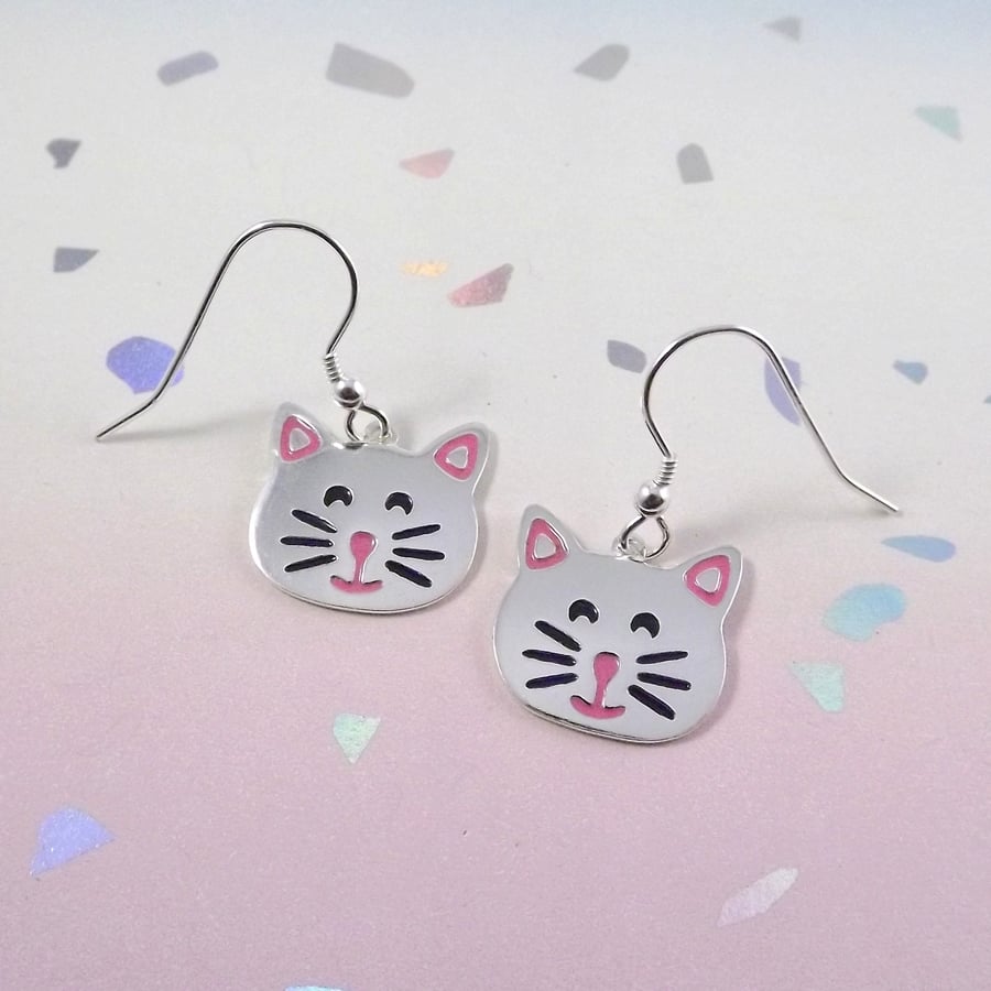 Cat Drop Earrings, Silver Animal Jewellery, Handmade Gift for Her
