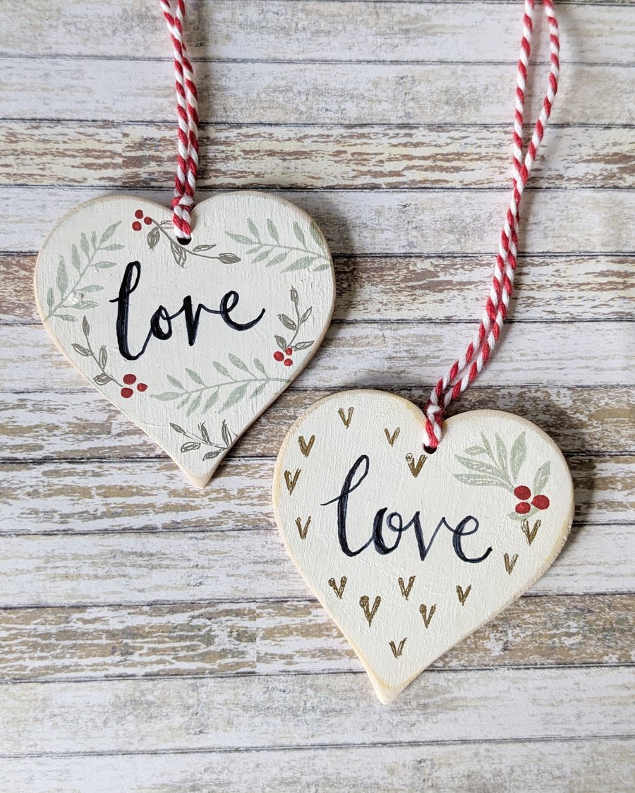 Hand Painted Wooden Heart Hanging Decoration 'Love'