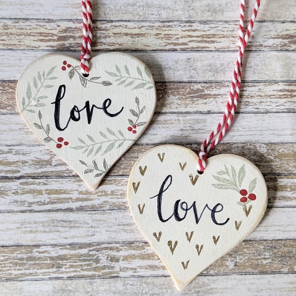 Hand Painted Wooden Heart Hanging Decoration 'Love'