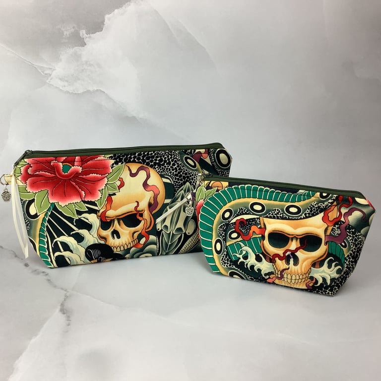 Skulls makeup bag, Oriental gothic zip bag, 2 size options, Handmade