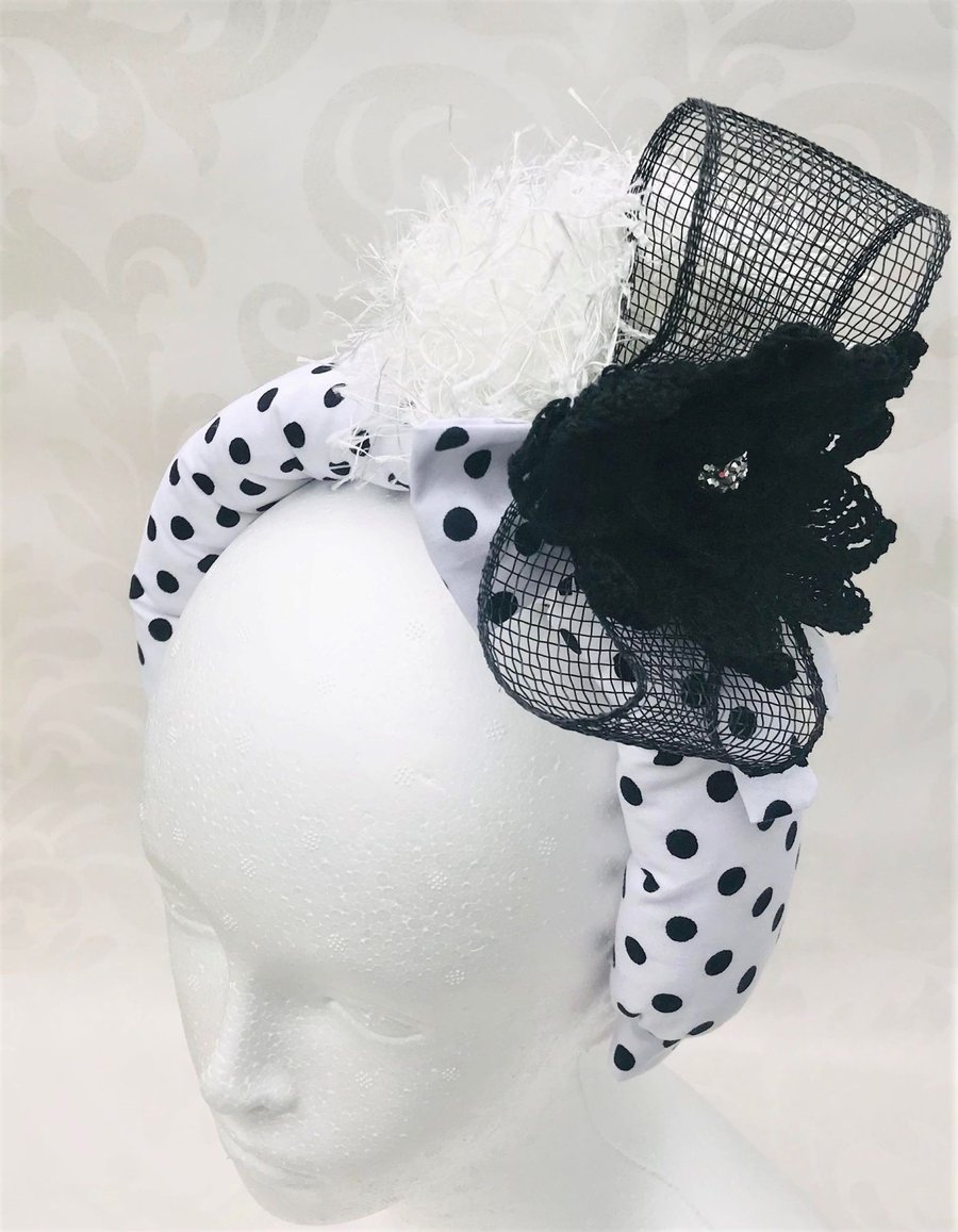 fascinator Headband White and Black, Polka dot, halo wedding hat, 