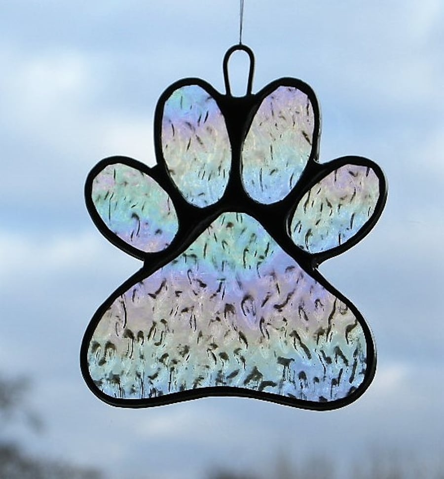 Paw Print in clear textured iridescent glass